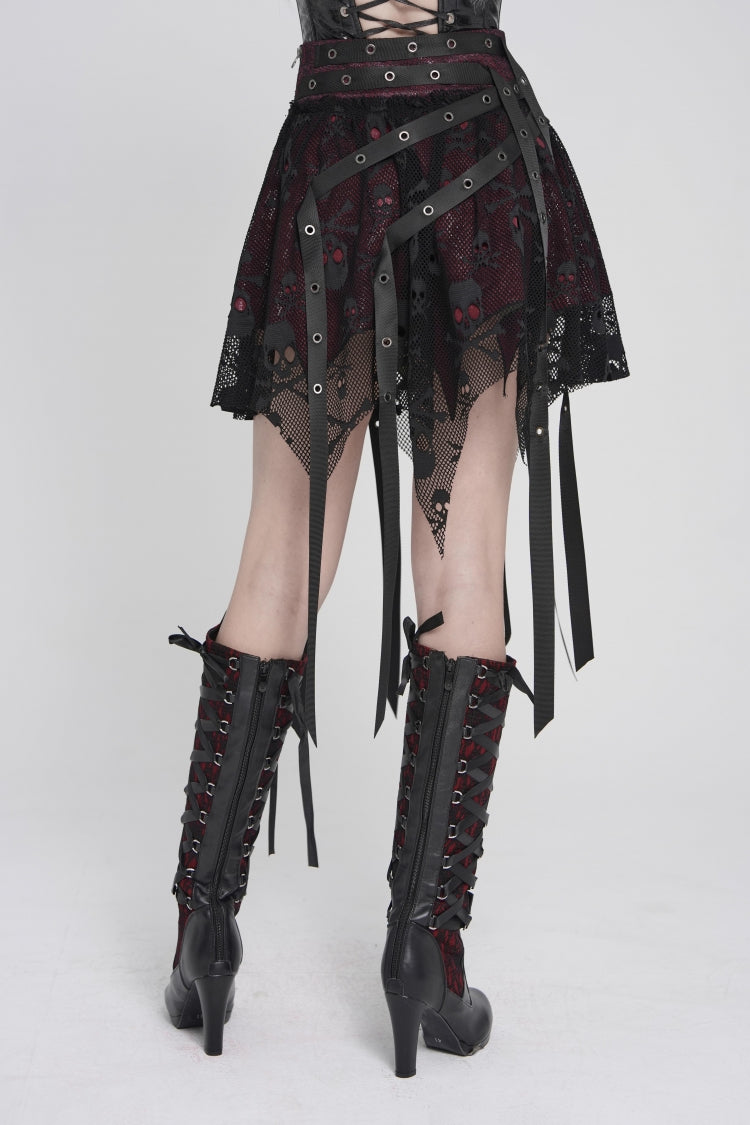 Noir & Scarlet Mesh Eyelet Laced Punk Skirt with Asymmetric Hem