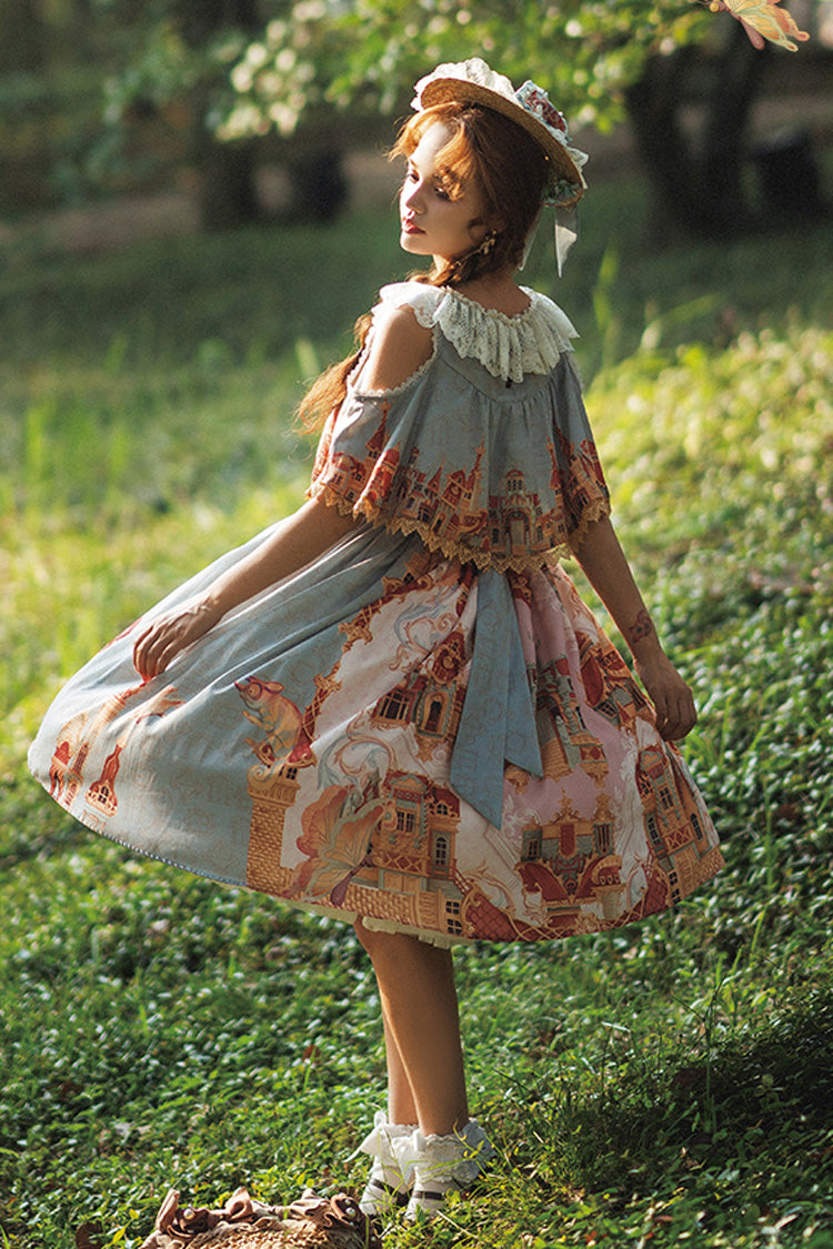 Multi-Color Oil Painting Printed Sweet Lolita Dress - Off Shoulder Short Sleeved