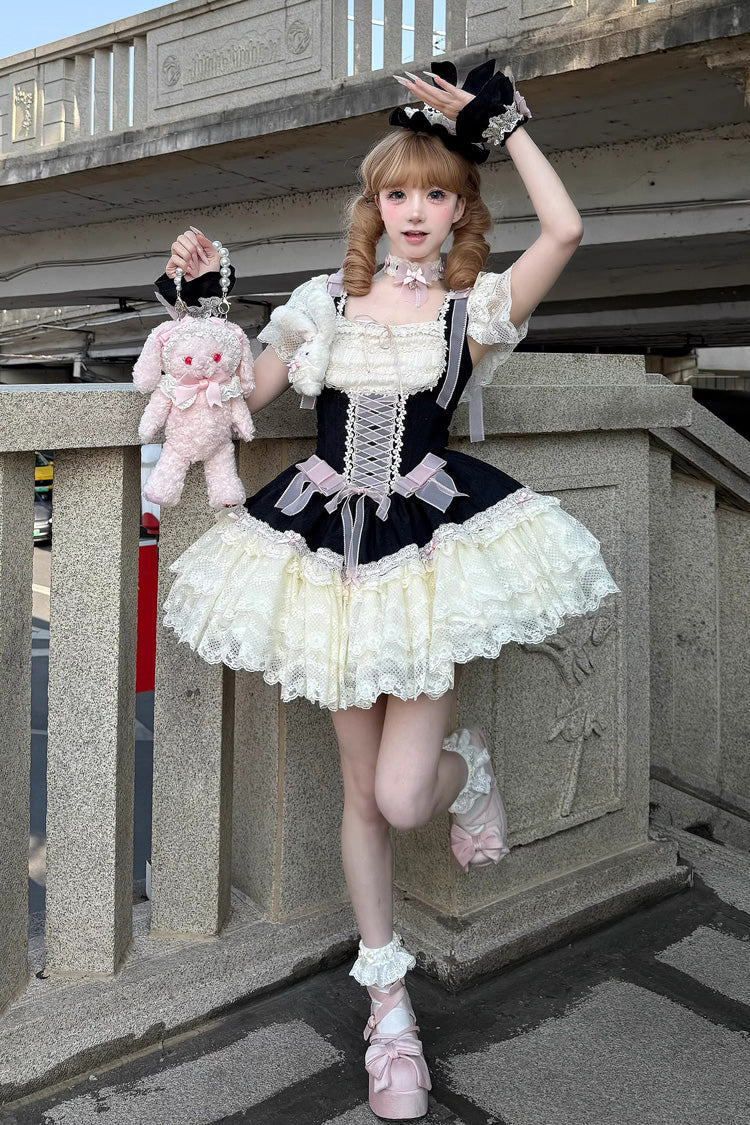 Goodnight Alice Sleeveless Ruffled Bow Lace-Up Sweet Lolita Jumper Dress Three Colors