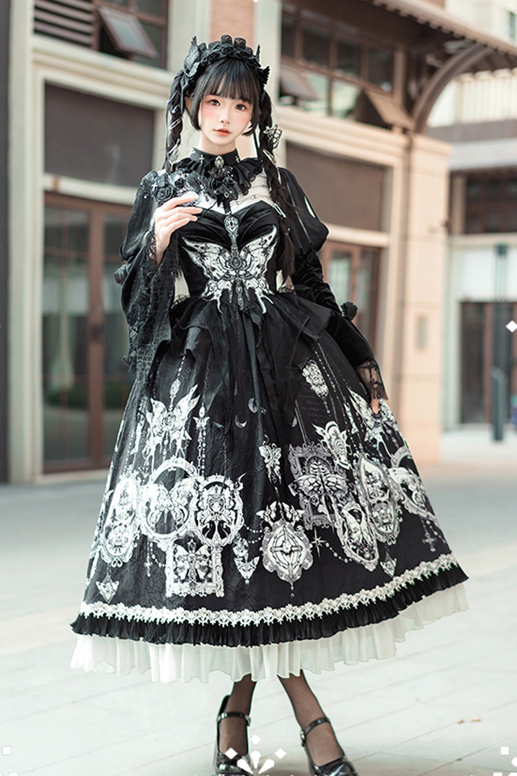 Black Feast of Bones Printed Ruffled Bow Lace Gothic Elegant Long Dress