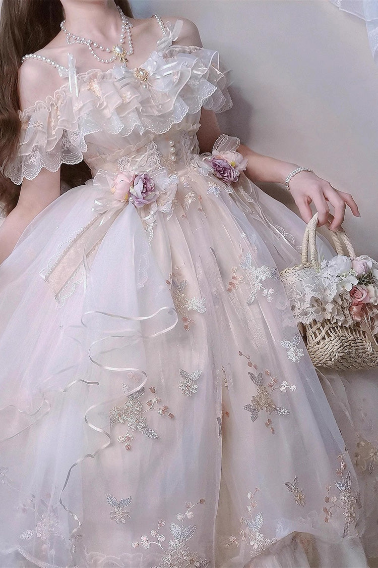 Cream Flora Multi-Layer Hanayome Embroidery Bow Frilled Sweet Lolita JSK Dress