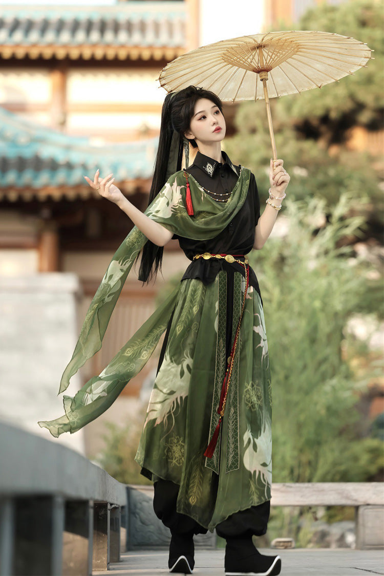 Embroidered Lapel Collar Short Sleeve Wuxia Hanfu Pants Set