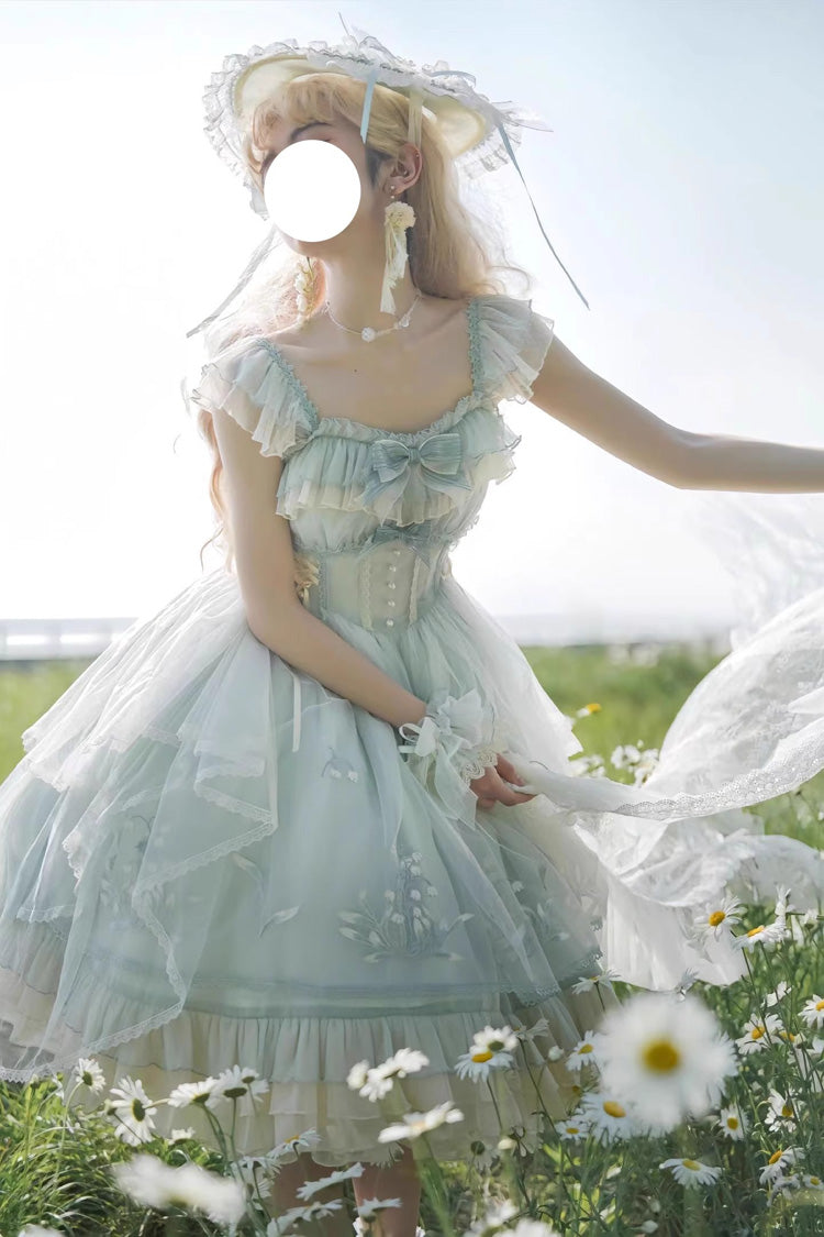 Green Layered Ruffle Embroidered Princess JSK