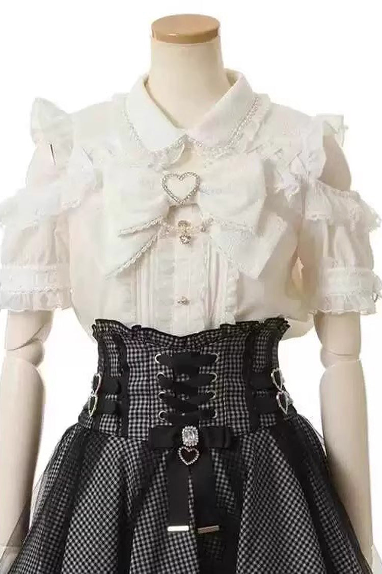 Lapel Off-Shoulder Bow Blouse - Pearl Jirai Kei