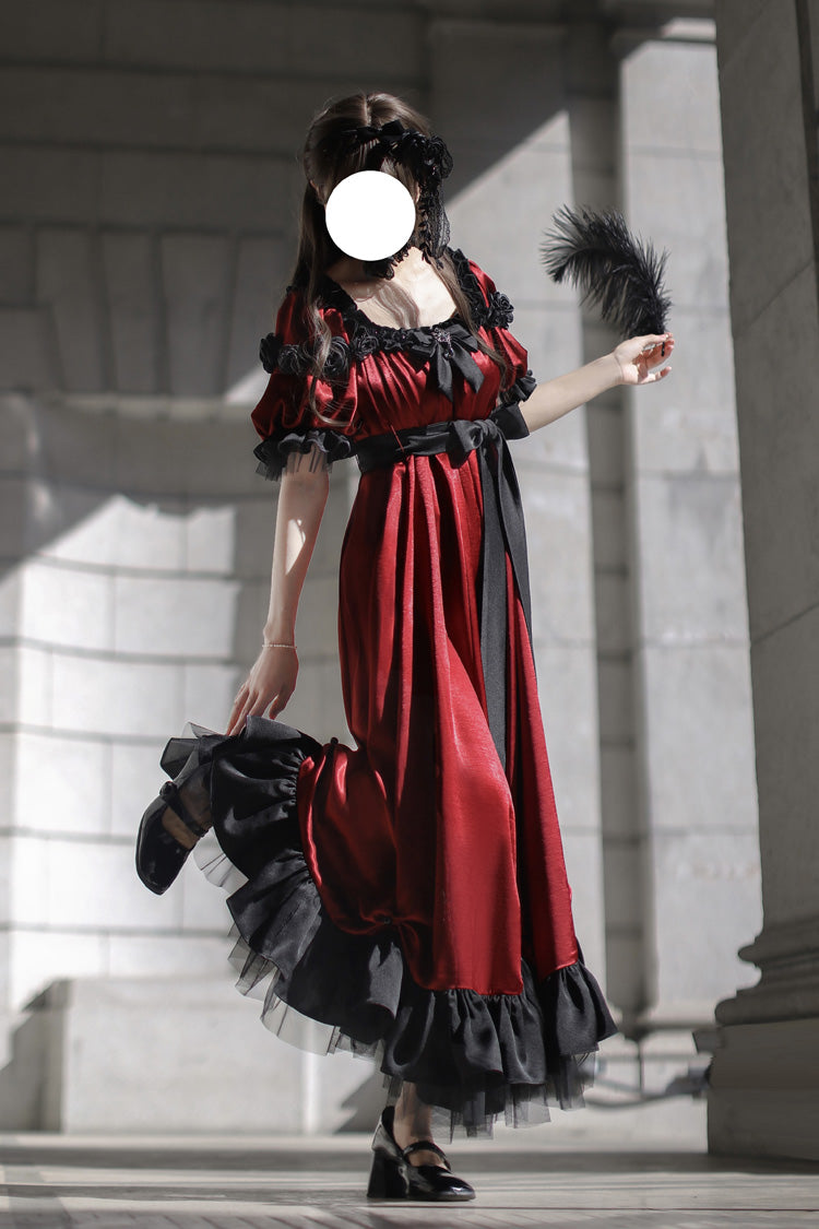 Red Square Collar Short Sleeves Ruffle Bowknot Sweet Regency-Style Vintage Lolita Dress