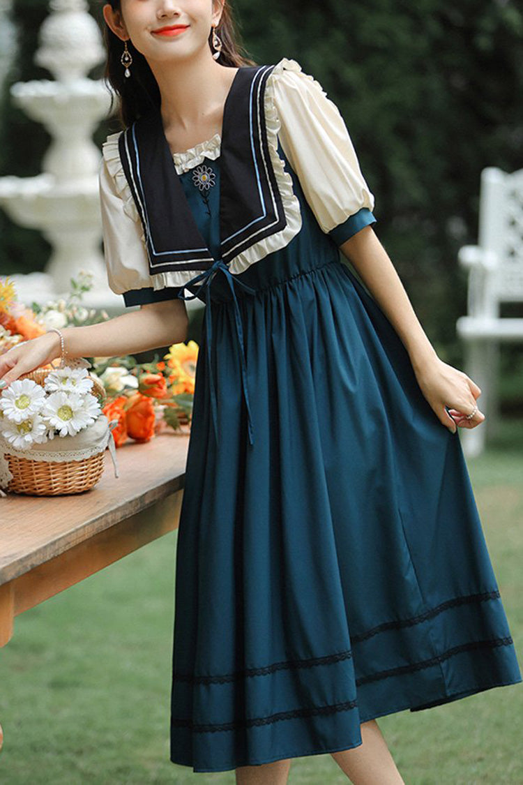 Multicolor Retro Sweet Lolita OP Dress with Doll Collar and Embroidered High Waist - Altfashion Shop