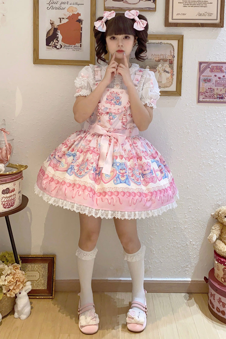 Milky Berry Bear Printed Pink Bow Stitching Lace Sweet Lolita Strap Dress - Miss Brown