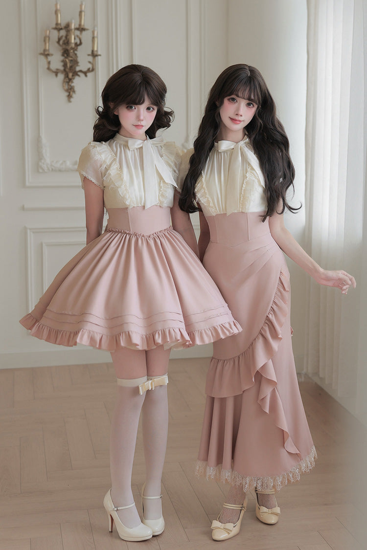 Blush & White Round Collar Short-Sleeve Ruffled Bow Lace Color-Blocked Boned Sweet Lolita Dress