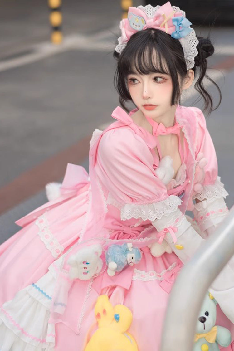 Pink Square-Collar Doll-Print Detachable-Sleeve Bow-Trimmed Princess Sweet Dress