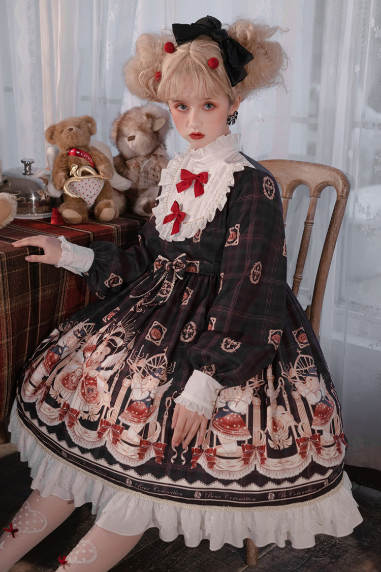Hanayome OP Dress with Bear Print, Ruffles, and Lantern Sleeves