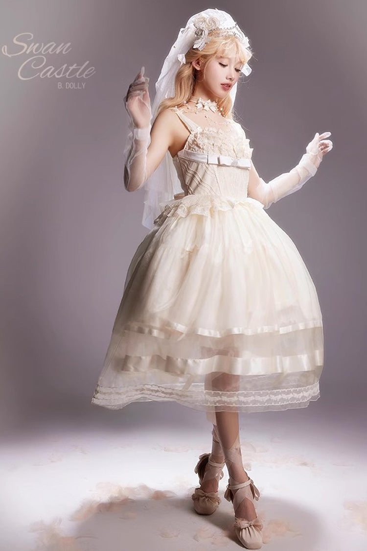 Sweet Lace JSK Long Dress with Bowknot in Ivory