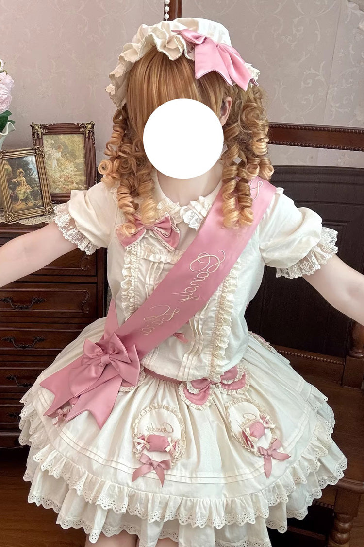 Adorable Apricot Doll Collar Short Sleeve Ruffled Bow Lolita OP Dress