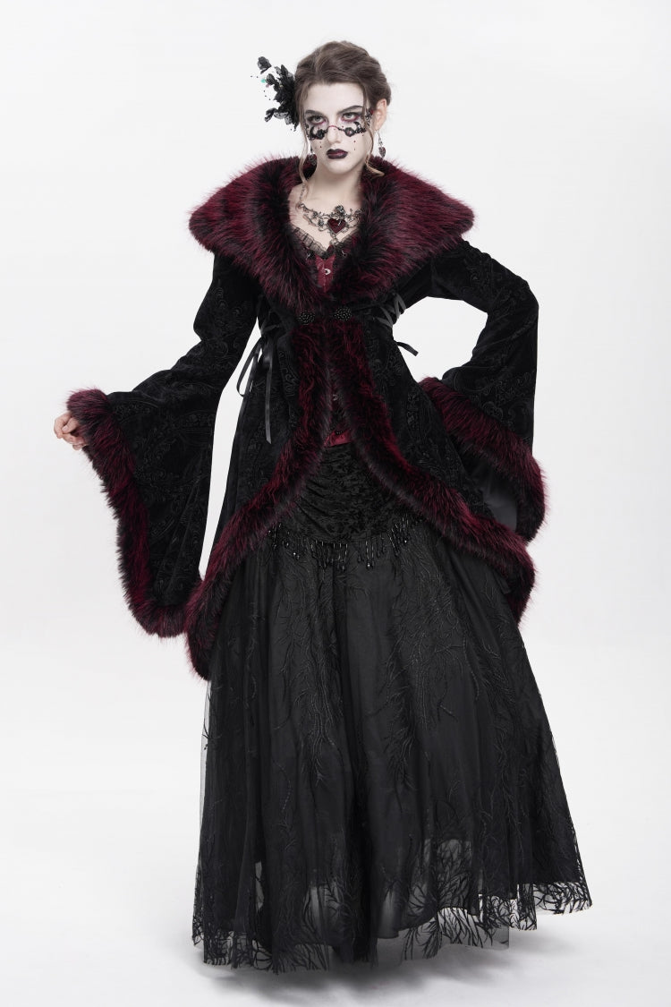 Crimson Floral Embroidered Gothic Fluffy Jacket