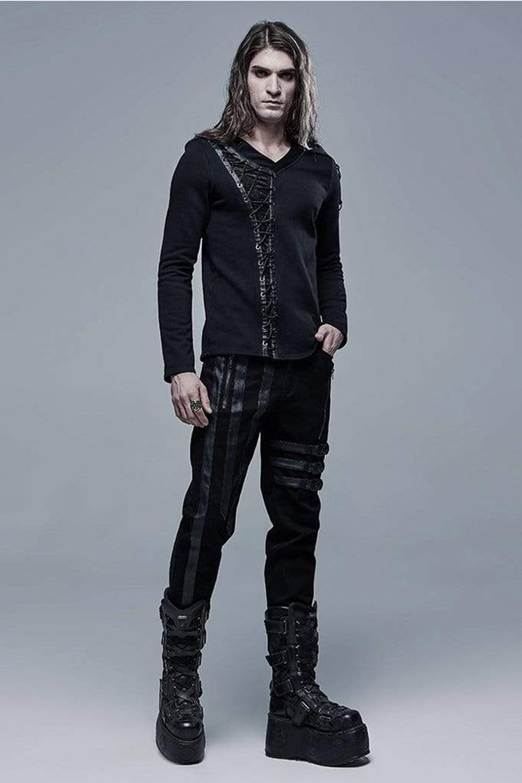 Jet-Black Knit Tee with Faux Leather Lacing and Split Front for Men