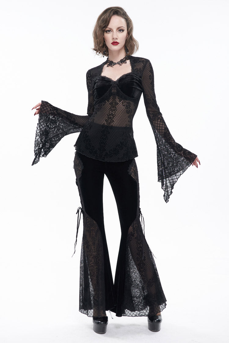 Midnight Velvet Lace Flared-Sleeve Gothic Tee with Metal Accents