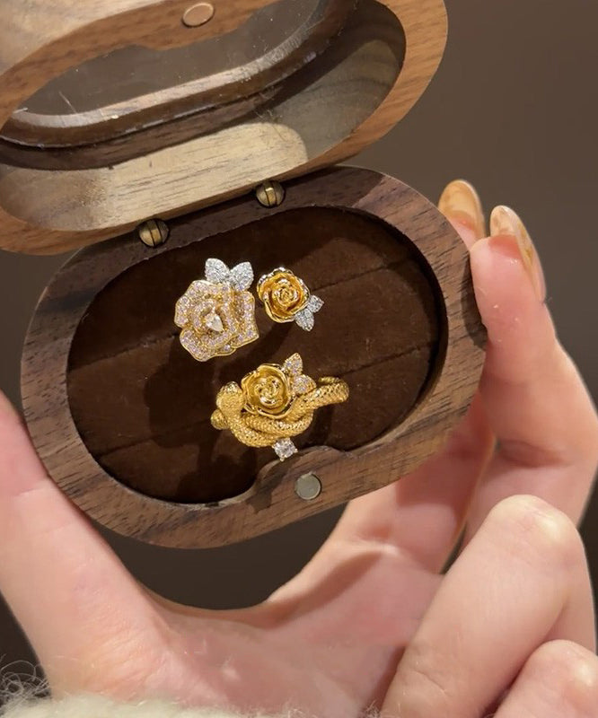 Antique Piece Set Floral Two Zircon Snake Gold Rings