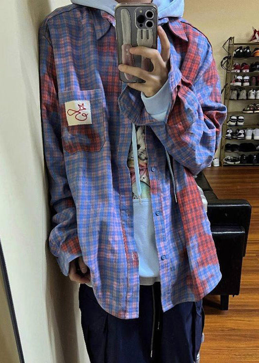 Shirts Spring Art Asymmetrical Plaid Cotton Men Pockets