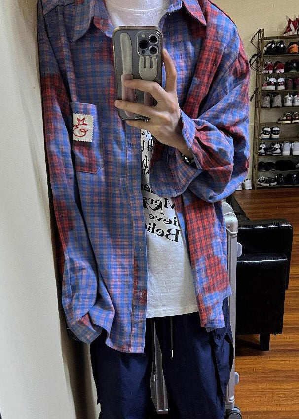 Shirts Spring Art Asymmetrical Plaid Cotton Men Pockets