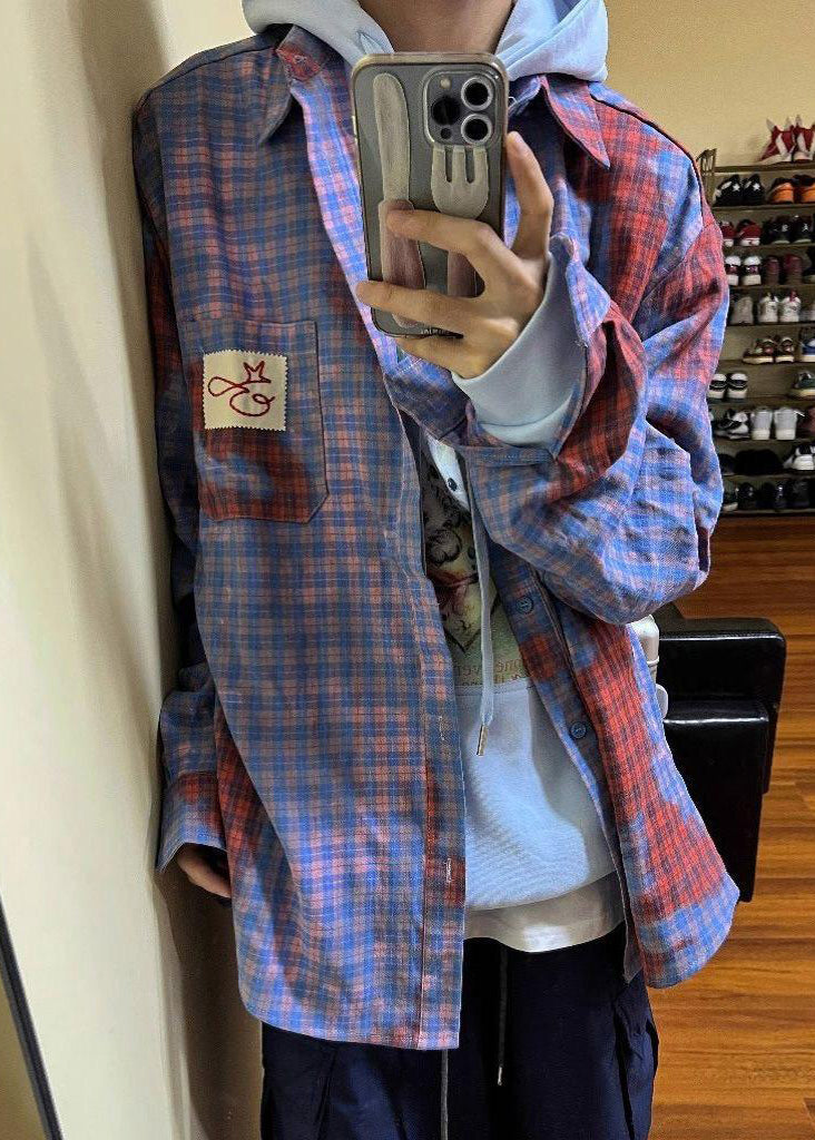 Shirts Spring Art Asymmetrical Plaid Cotton Men Pockets