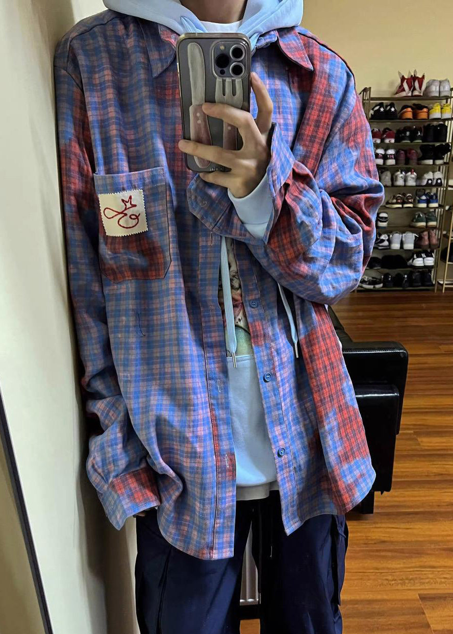 Shirts Spring Art Asymmetrical Plaid Cotton Men Pockets