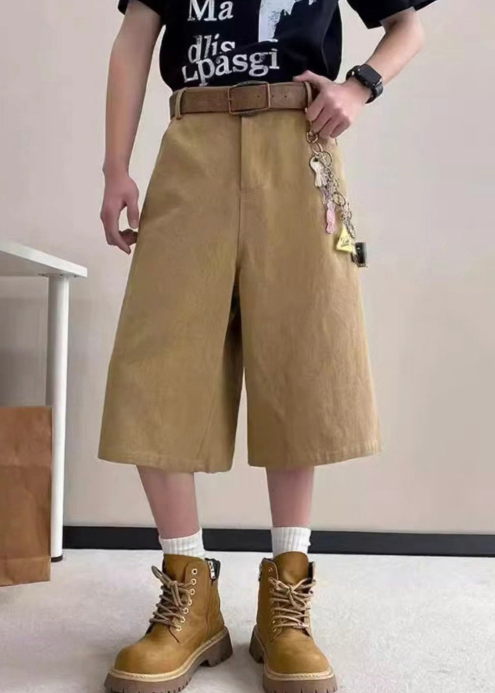 Khaki Mens High Crop Summer Letter Pockets Pants Art Waist