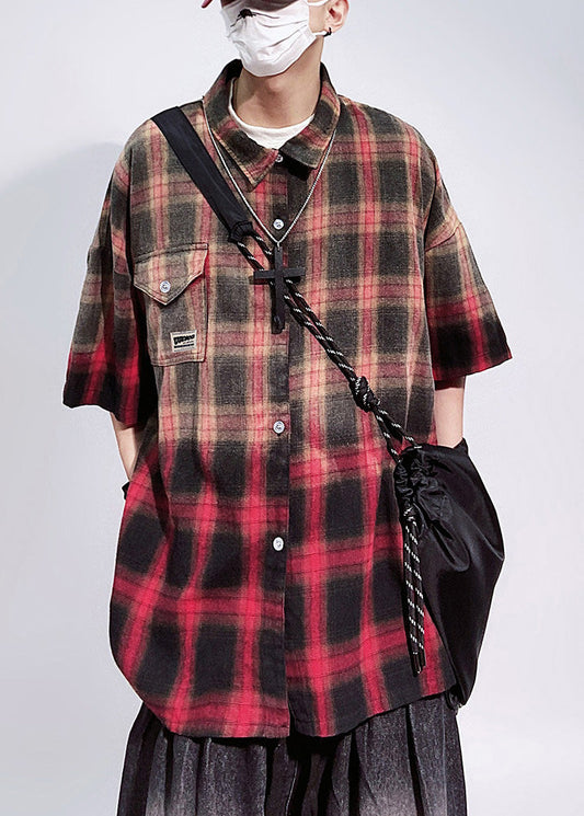 Shirts Mens Oversized Art Pockets Sleeve Half Red Plaid Cotton