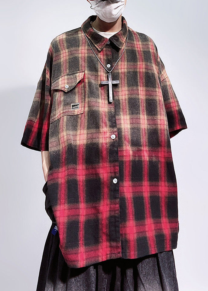 Shirts Mens Oversized Art Pockets Sleeve Half Red Plaid Cotton