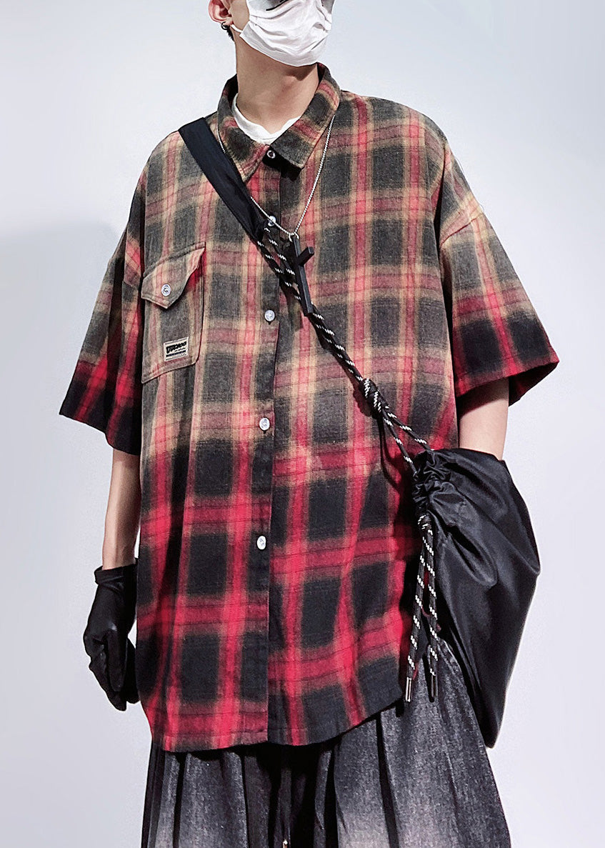 Shirts Mens Oversized Art Pockets Sleeve Half Red Plaid Cotton