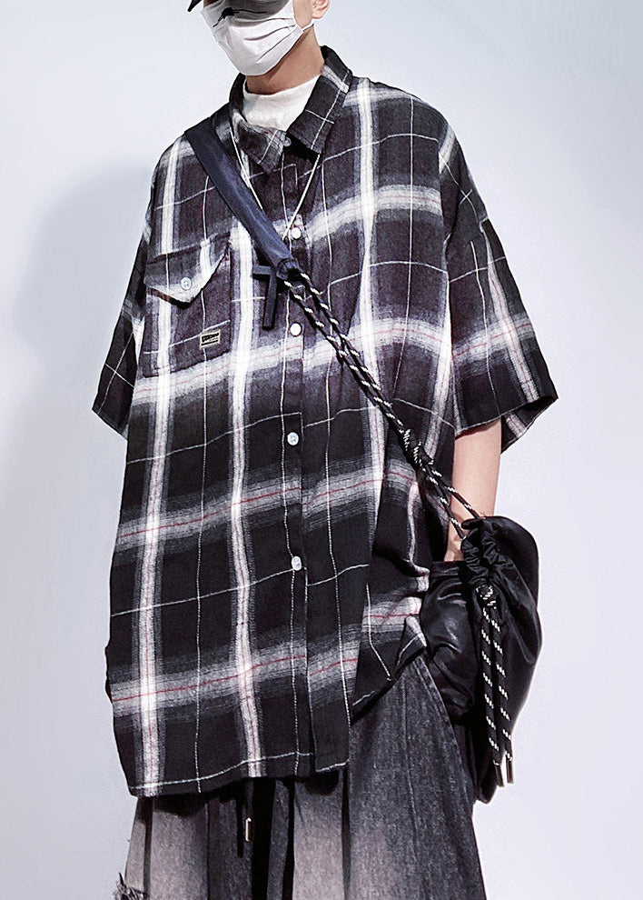 Shirts Mens Oversized Art Pockets Sleeve Half Red Plaid Cotton