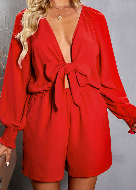 Patchwork Beautiful Solid Jumpsuit Neck V Red Fall