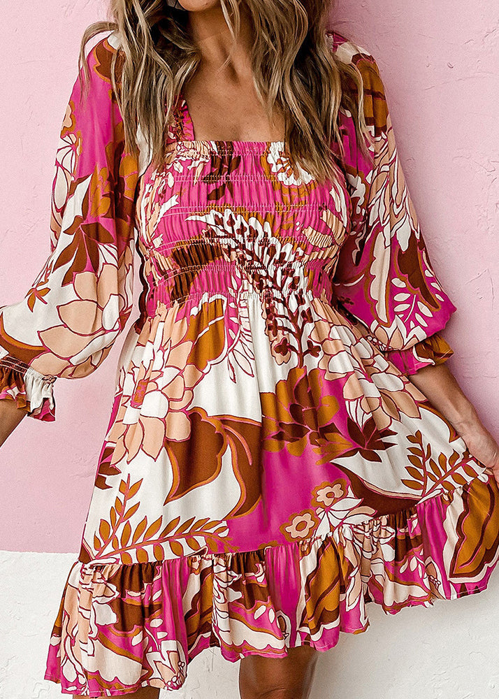 Wrinkled Collar Beautiful Mid Square Dress Rose Fall