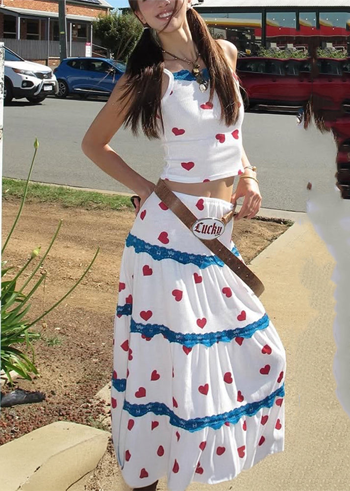 Summer Beautiful And Set Two Vest Print Skirts White Pieces Maxi