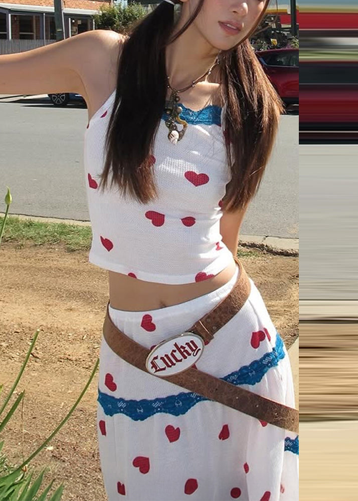 Summer Beautiful And Set Two Vest Print Skirts White Pieces Maxi