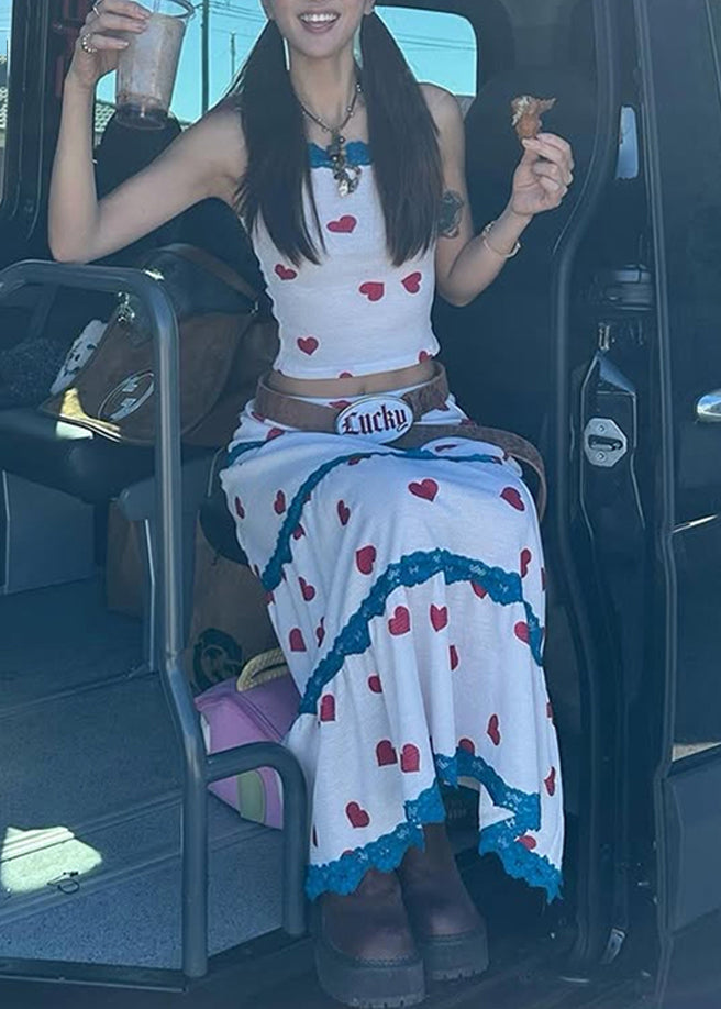 Summer Beautiful And Set Two Vest Print Skirts White Pieces Maxi