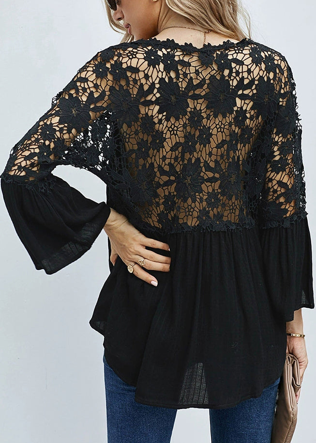 Neck Tops Solid Hollow Black V Fall Out