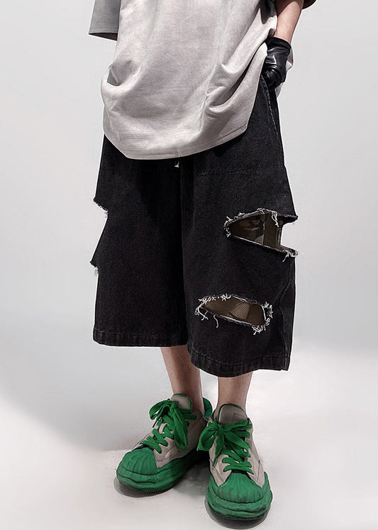 Men Elastic Summer Pockets Oversized Black Waist Shorts Denim