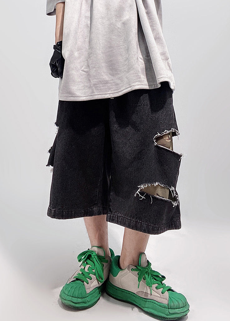 Men Elastic Summer Pockets Oversized Black Waist Shorts Denim