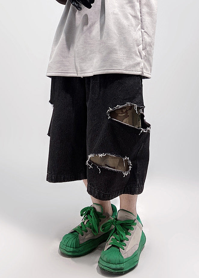 Men Elastic Summer Pockets Oversized Black Waist Shorts Denim