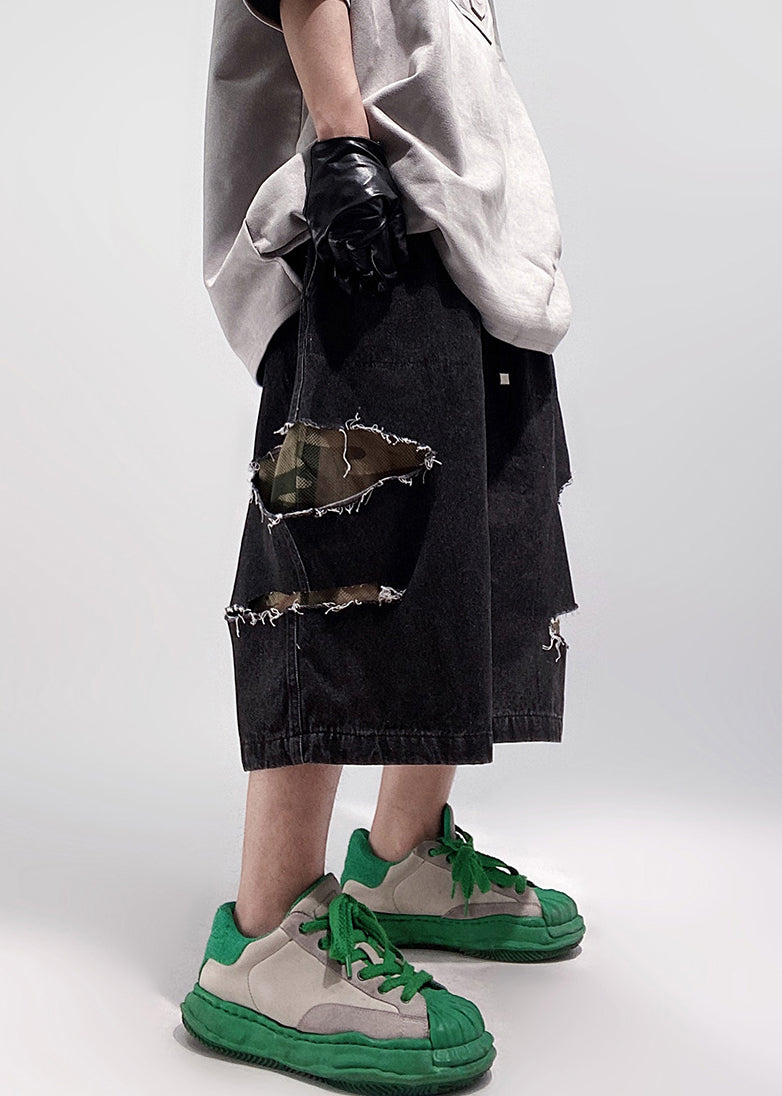 Men Elastic Summer Pockets Oversized Black Waist Shorts Denim