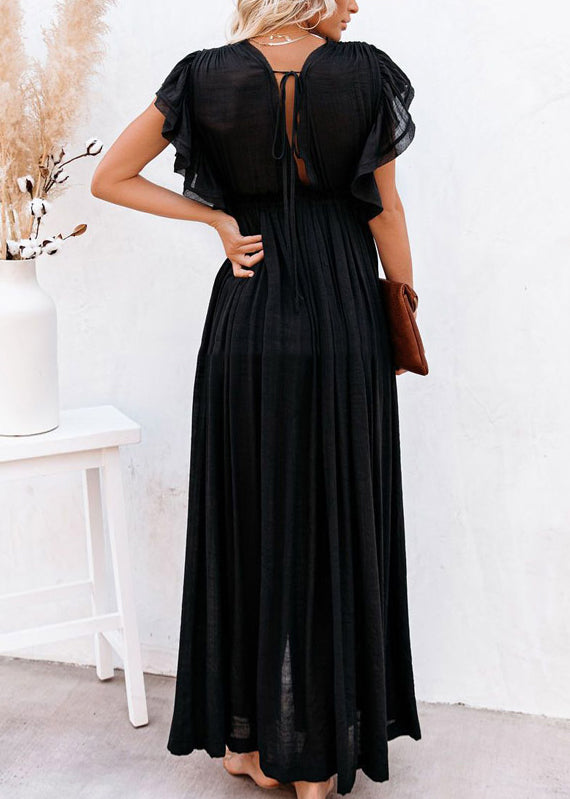 Solid Patchwork Black Ruffled Dress Long Summer