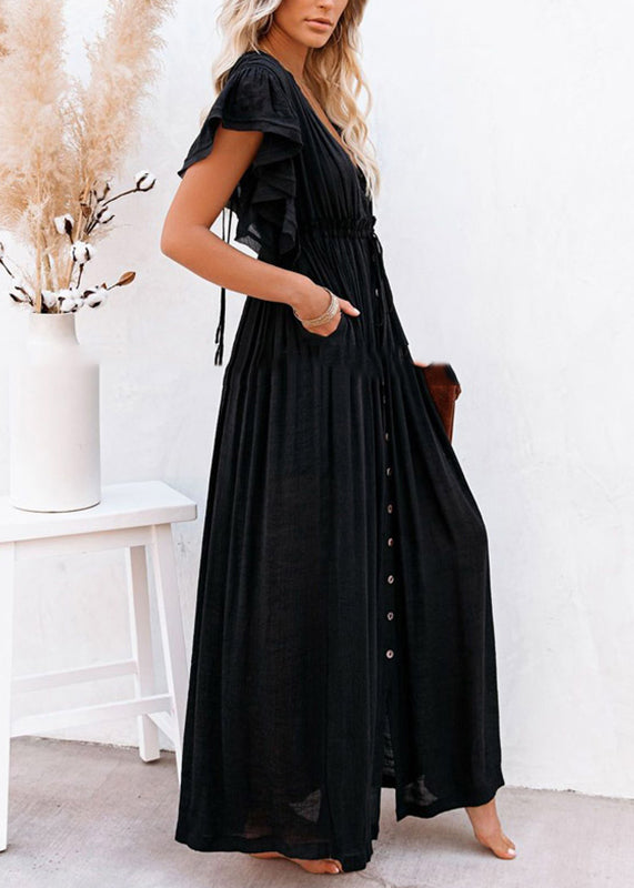 Solid Patchwork Black Ruffled Dress Long Summer