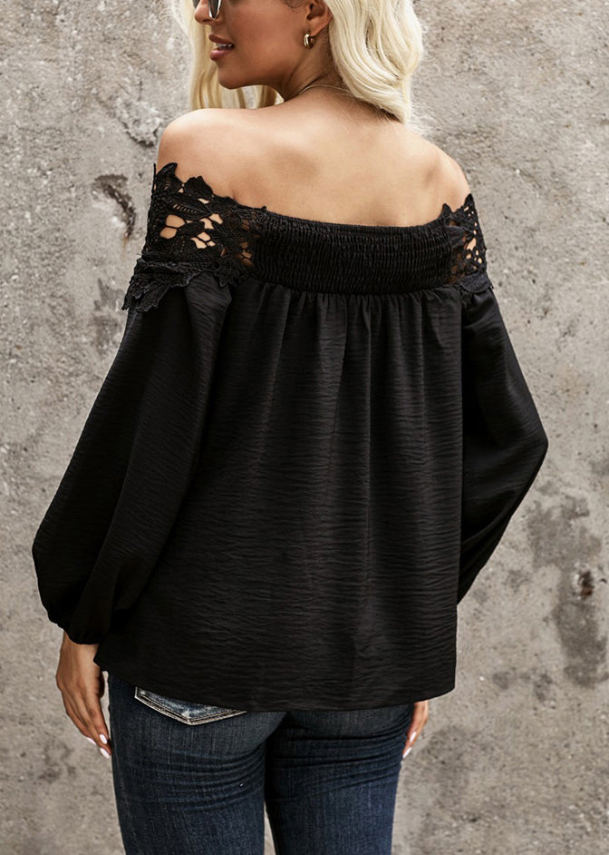 Neck Shirt Lantern Patchwork Black Lace Slash Sleeve