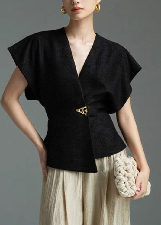 Black Solid Sleeveless Shirt Asymmetrical