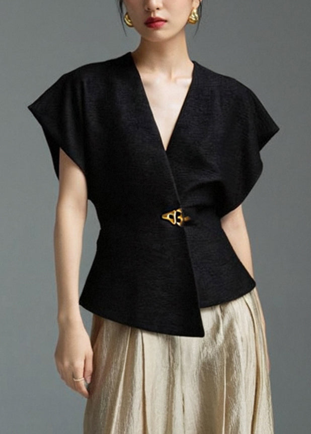 Black Solid Sleeveless Shirt Asymmetrical