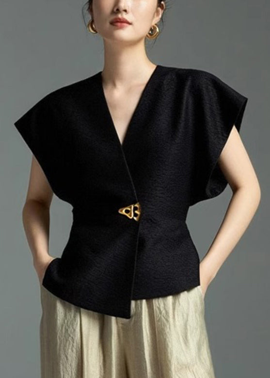 Black Solid Sleeveless Shirt Asymmetrical