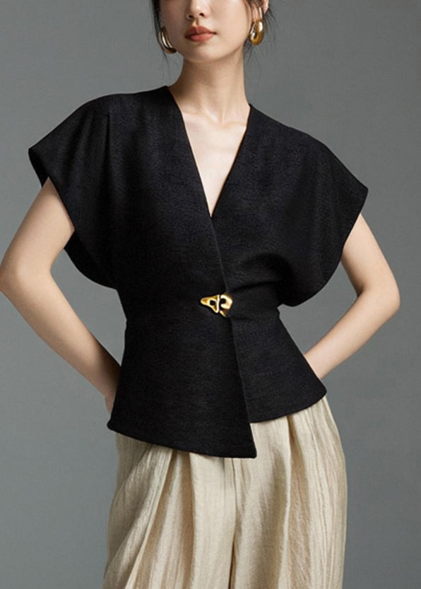 Black Solid Sleeveless Shirt Asymmetrical