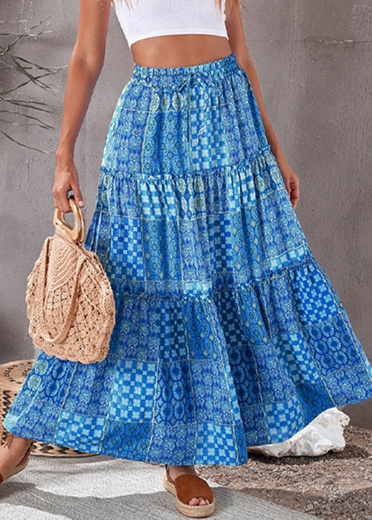 Blue Summer Waist Skirts Elastic Maxi Pockets