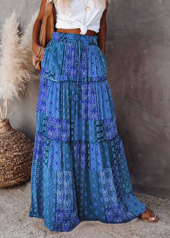 Blue Summer Waist Skirts Elastic Maxi Pockets