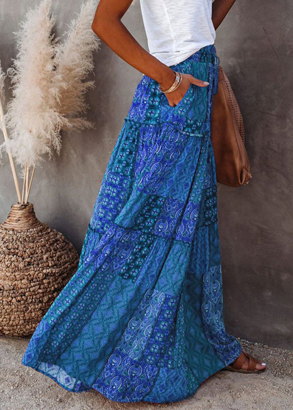 Blue Summer Waist Skirts Elastic Maxi Pockets