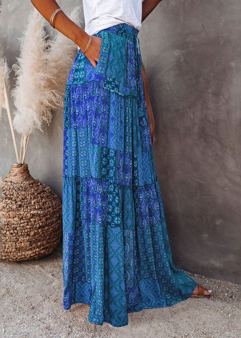 Blue Summer Waist Skirts Elastic Maxi Pockets